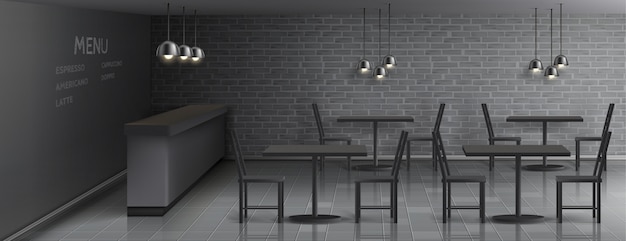 Kostenloser Vektor modell des café-interieurs mit leerer bartheke, esstischen und stühlen, deckenleuchten