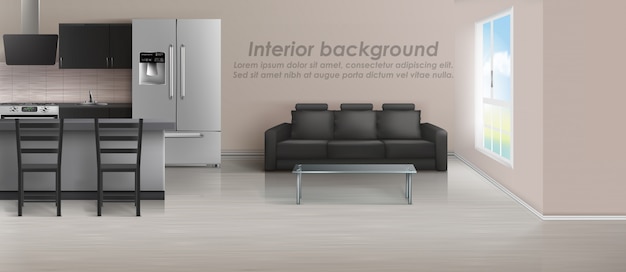 Modell eines Studio-Apartments mit Wohnzimmer und Küche. Modernes Interieur mit Möbeln