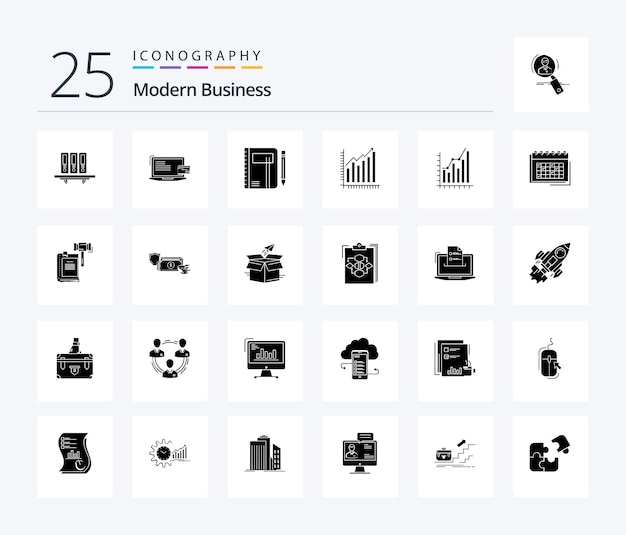 Modern business 25 solid glyph icon pack inklusive pen notepad business note workbook
