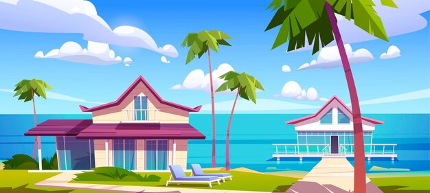 Moderne Bungalows am Strand des Inselresorts, tropische Sommerlandschaft mit Häusern auf Pfählen mit Terrasse, Palmen und Meerblick. Private Villen aus Holz, Hotel oder Cottages, Cartoon-Vektorillustration