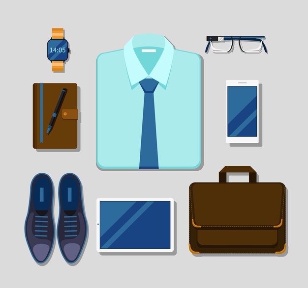 Moderne Geschäftsmann Gadgets und Accessoires Outfit. Tablet und Business, Brille und stylischer Stift