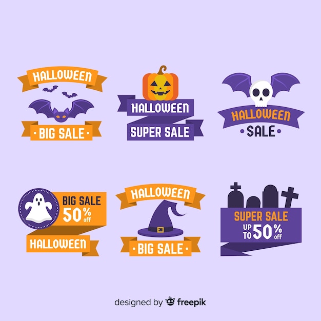 Moderne Halloween-Verkaufsaufklebersammlung mit flachem Design