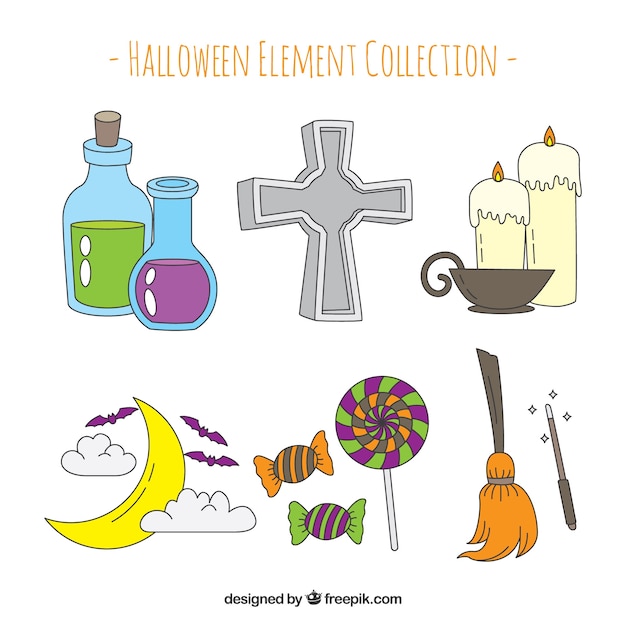 Moderne packung von hand gezeichneten halloween-elemente