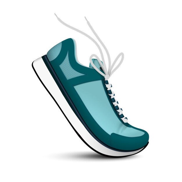 Moderne Sportschuhe der blauen Farbe mit realistischem Einzelbild der weißen Schnürsenkel auf lokalisierter Illustration des weißen Hintergrunds