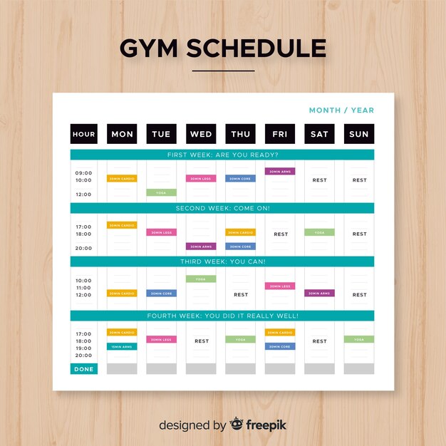 Moderne Turnhalle Zeitplan Vorlage mit flachen Design