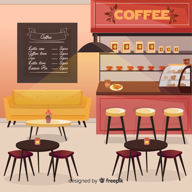 Kostenloser Vektor moderner kaffeeshop-innenraum mit flachem design