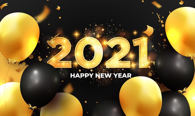 Moderner Neujahrshintergrund 2021 mit realistischer Ballonzusammensetzung