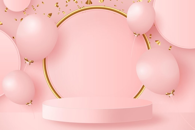 Moderner Podium 3D-Hintergrund mit realistischen rosa Luftballons und goldenem Rahmen