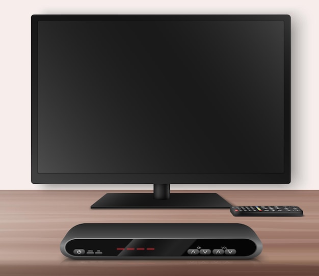 Kostenloser Vektor moderner smart-tv-empfänger mit setup-box-lcd-bildschirm und realistischer vektorillustration der fernbedienung