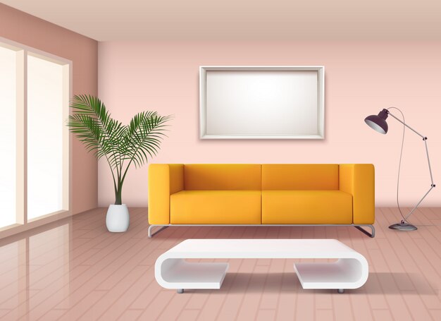 Moderner unbedeutender Artwohnzimmerinnenraum mit gelbem Sofa des Mais und weißer fantastischer Couchtischillustration