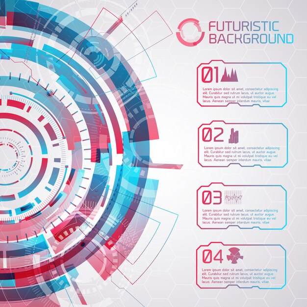 Moderner virtueller Technologiehintergrund mit runden Elementen der Berührungsschnittstelle und vier isolierten Schaltflächen mit Beschriftungen und dekorativen Symbolen