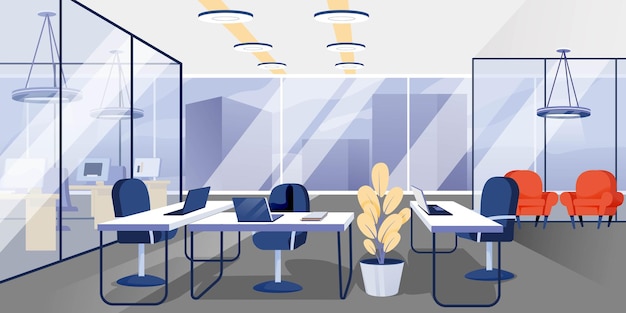 Modernes büro offener raum für die arbeit innenarchitektur hintergrund raum für die arbeit mit stühlen, schreibtischen mit laptops, pflanzensesseln