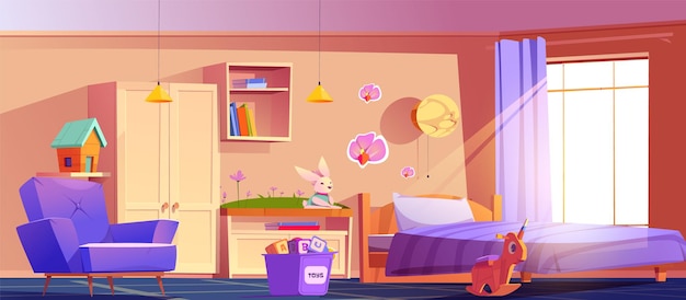 Modernes mädchen-teenager-schlafzimmer-interieur-cartoon-vektor kinderbett und möbel im haus mit fensterhintergrund-illustrationsdesign heimszene eines weiblichen teenagers mit kleiderschrankregal und mädchenhaften accessoires