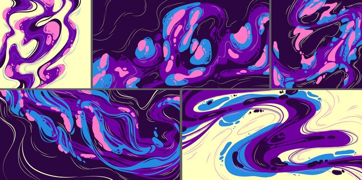 Kostenlose Vektor modulare gemälde der abstrakten kunsthintergründe mit violetten, blauen, rosa und gelben flüssigkeitsflecken, wirbel, spritzer, lineare und grunge-elemente
