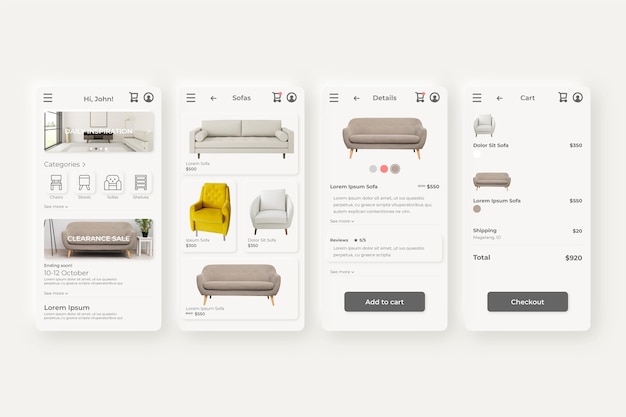 Kostenloser Vektor möbel einkaufen app bildschirme