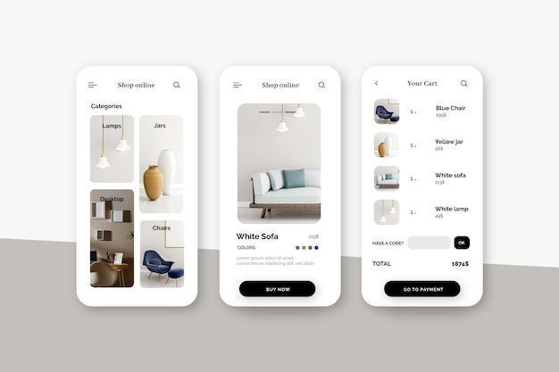 Kostenloser Vektor möbel-shopping-app-oberfläche