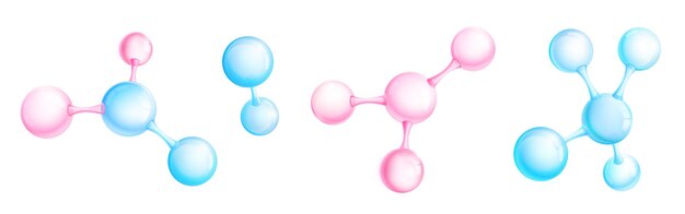 Molekül- und Atommodelle, abstrakte wissenschaftliche Elemente für Chemie, Medizin, Biologie oder Physik. Isolierte rosa oder blaue 3D-Vektormikroskopische Objekte, verbundene Kugeln auf weißem Hintergrund