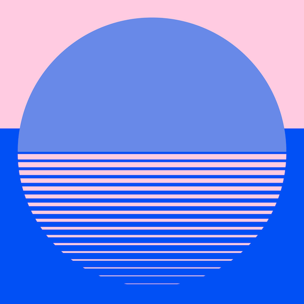 Mond geometrischer Retrofuturismus-Hintergrundvektor in Rosa und Blau