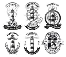 Monochrome embleme mit leuchtturm-set