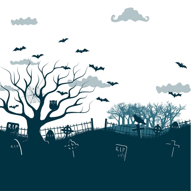 Halloween Nachtillustration In Den Farben Schwarz Weiss Grau Mit Dunklen Friedhofskreuzen Totem Baum Lachelnden Kurbissen Und Fledermausen Kostenlose Vektor