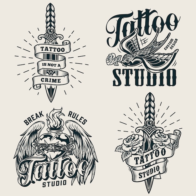 Kostenloser Vektor monochrome logos des vintage tattoo studios