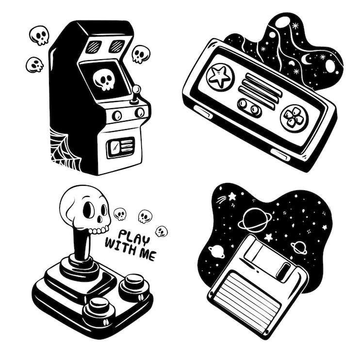 Kostenlose Vektor monochrome videospiel-sticker-sammlung