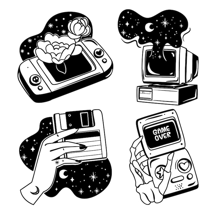 Kostenlose Vektor monochrome videospiel-sticker-sammlung