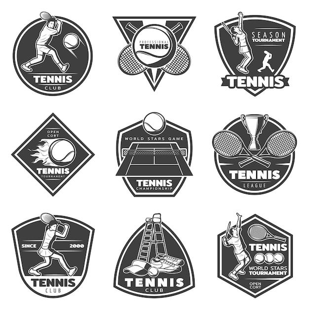 Kostenloser Vektor monochromes vintage tennis etiketten set