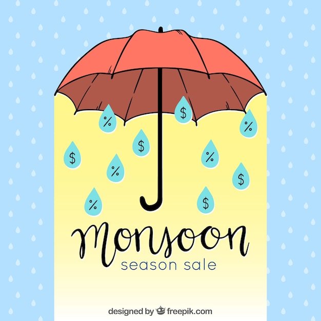 Kostenloser Vektor monsunjahreszeit-verkaufshintergrund mit regenschirm