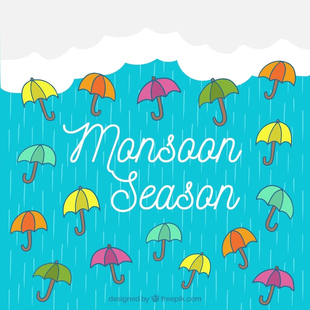 Kostenloser Vektor monsunjahreszeithintergrund mit regen und regenschirmen