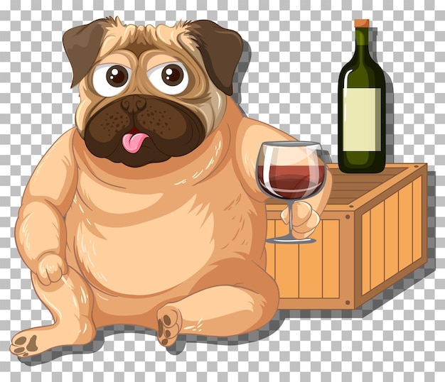 Mops hund trinkt wein zeichentrickfigur