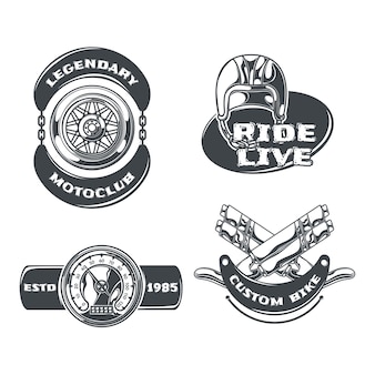 Motoclub-satz von isolierten monochromen emblemen mit bearbeitbarem text und bildern von kettenrädern und helm