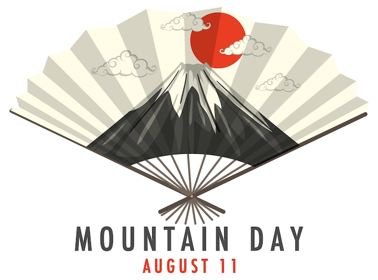 Kostenlose Vektor mountain day am 11. august banner mit mount fuji auf japanischem fan