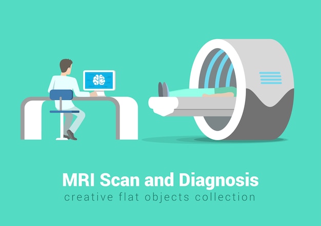 Kostenloser Vektor mrt-scan und diagnoseprozess. krankenhauspatient und arzt im innenraum des behandlungsraums. gesunde lebensstilsammlung der kreativen leute.