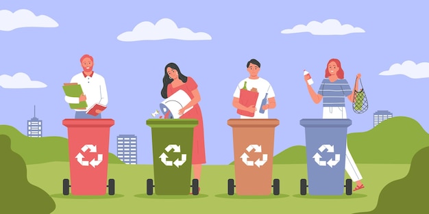 Mülltrennung recycling-komposition mit parklandschaft im freien mit stadtbild und menschen mit bunten abfalleimern illustration