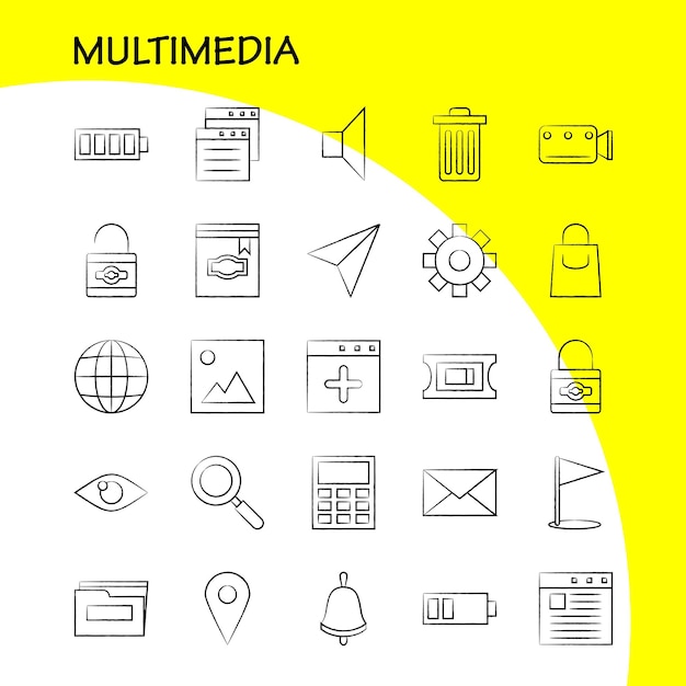 Kostenloser Vektor multimedia-handgezeichnetes symbol für webdruck und mobiles uxui-kit, z. b. browserseiten-webvorlage browserseiten-webvorlage piktogrammpaketvektor