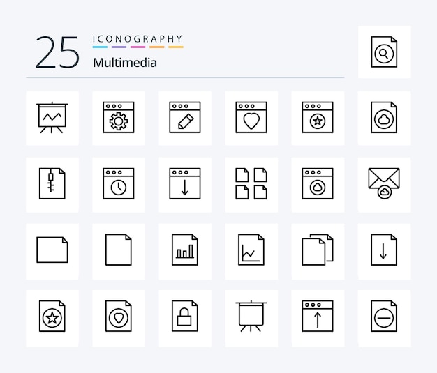 Kostenloser Vektor multimedia-symbolpaket mit 25 zeilen, einschließlich zip-archiv-mac-datei-cloud