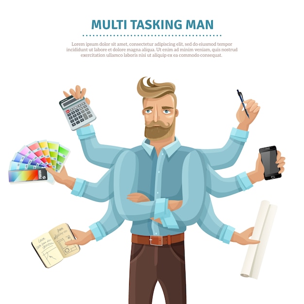 Multitasking man flat poster