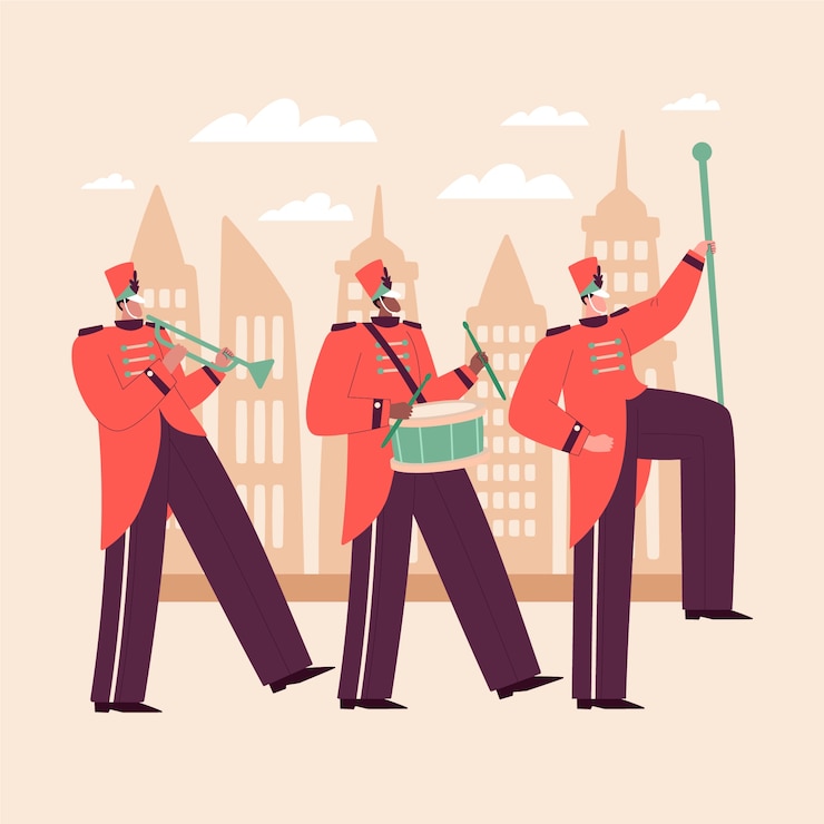 Kostenlose Vektor musik handgezeichnete flache blaskapelle illustration