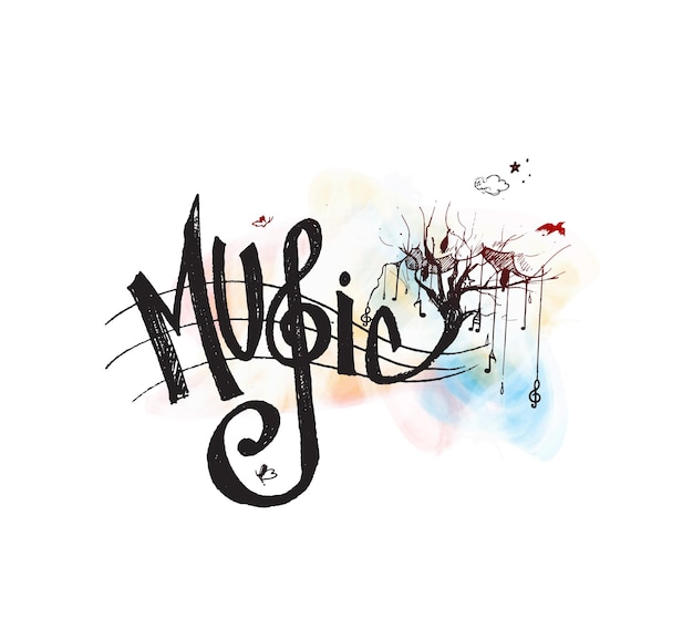 Musik kalligraphische strichzeichnungen text-shopping-poster-vektor-illustration design