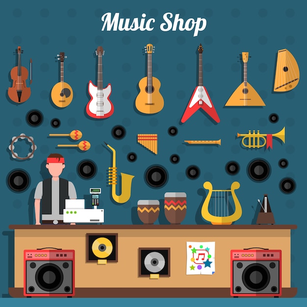 Kostenloser Vektor musik-shop-illustration