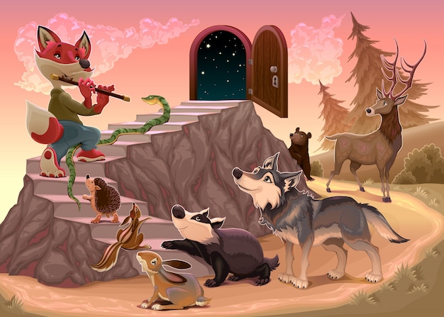 Musik zu gehen über die angst fox spielt die flöte vektor-illustration