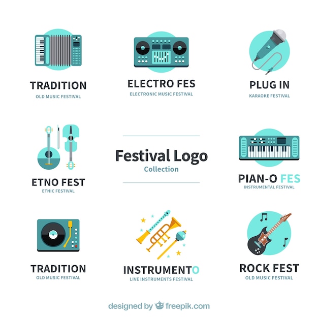 Musikfestival-logosammlung mit flachem design