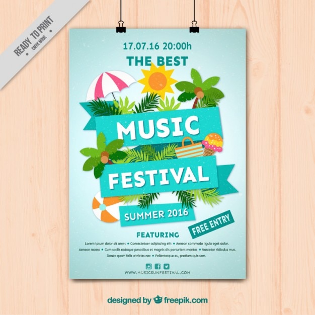 Kostenloser Vektor musikfestival plakat mit sommer-elemente