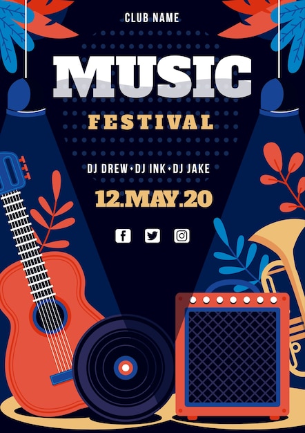 Kostenloser Vektor musikfestivalplakat mit instrumenten