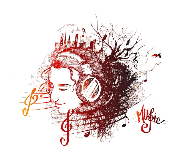 Musikhintergrund vektormädchen hört musikkarikaturillustration lokalisiert auf weiß