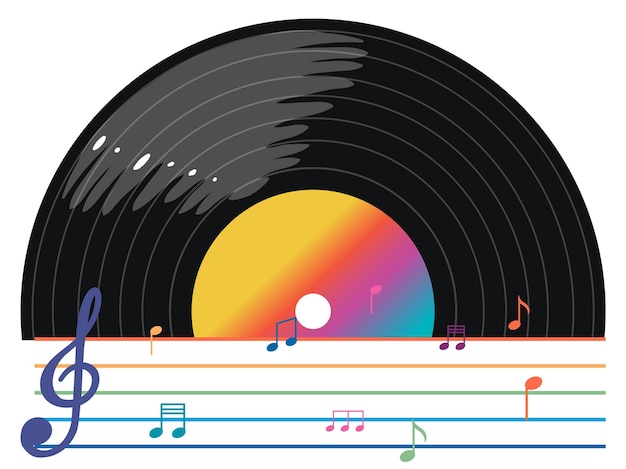 Kostenloser Vektor musiknoten regenbogen bunt mit vinyl-schallplatte auf weißem hintergrund