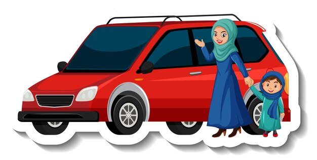 Muslimische Mutter und Tochter stehen vor einem Auto