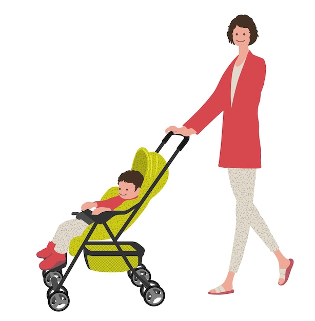 Kostenloser Vektor mutter mit einem baby in einem kinderwagen. vektor-illustration abbildung isoliert auf einem weißen hintergrund.