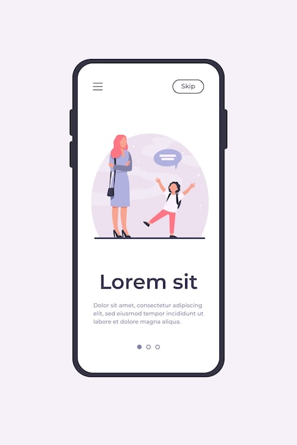Mutter mit gefalteten Händen hörendes Kind. Kind, Sprechblase, Gespräch flache Vektorillustration. Kommunikations- und Elternschaftskonzept für Banner, Website-Design oder Landing-Webseite